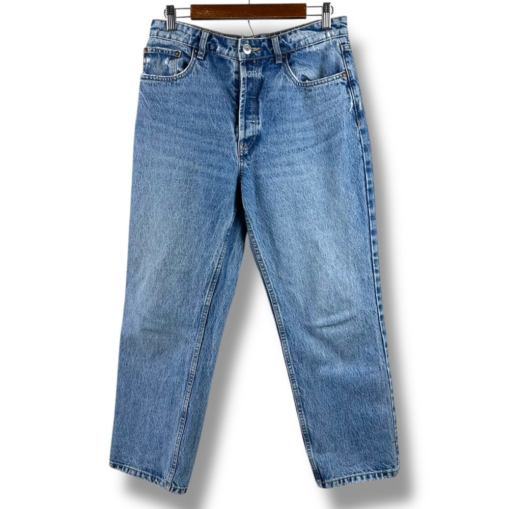 Zara Women's Size 8 High Rise Straight Leg Mom Jeans Distressed Hem Button Fly